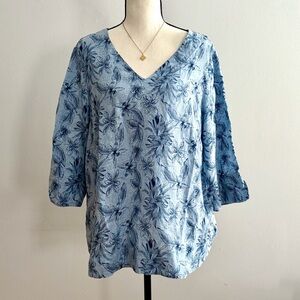 JJill Love Linen Tunic Peasant Blouse 100% Linen Boxy Fit Blue Floral Medium